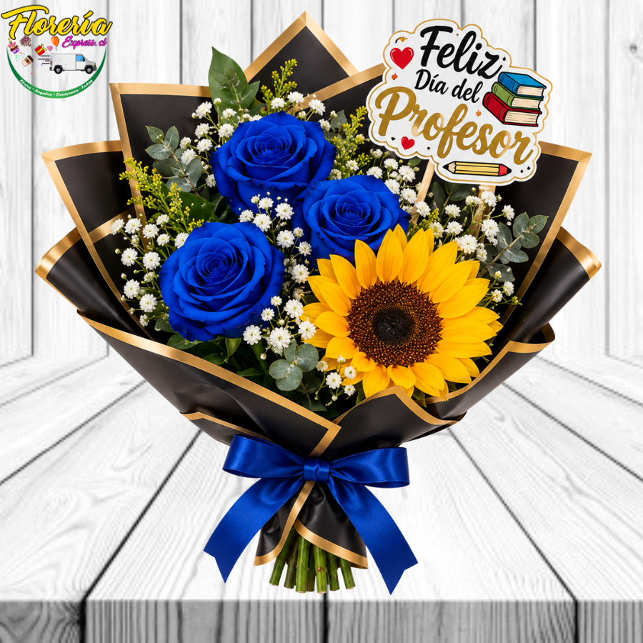 284 RAMO DIA DEL PROFESOR: 3 ROSAS AZULES, 1 GIRASOLES Y TOPPER - Imagen 1