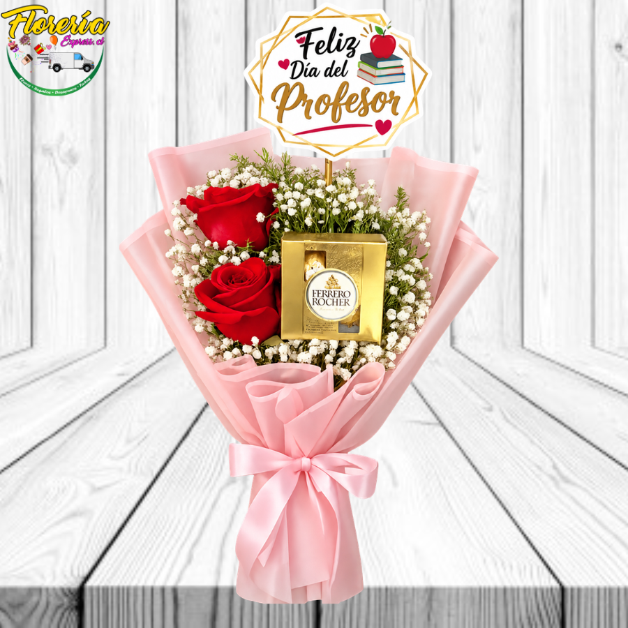 285 RAMO DIA DEL PROFESOR: 2 ROSAS, FERRERO ROCHER X4 Y TOPPER - Imagen 1