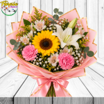 RAMO PROMO SEMANAL: 1 GIRASOL, 1 LILIUM, 2 CLAVELES, ASTROMELIAS Y FOLLAJE