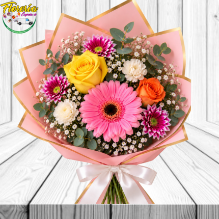 RAMO OFERTA DE LA SEMANA: ROSA, GERBERA, MINI ROSA, 2 CLAVELES, MARGARITAS Y FOLLAJE