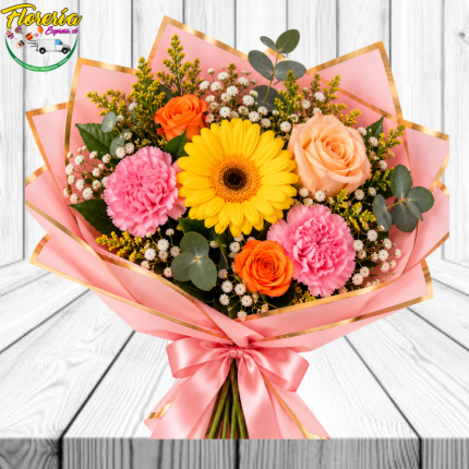 RAMO PRIMAVERAL: 1 ROSA,  1 GERBERA, 2 MINI ROSA, 2 CLAVELES Y FOLLAJE