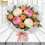 RAMO DE TEMPORADA CON 4 PEONIAS, 6 MINI ROSAS Y FOLLAJE