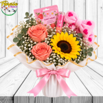 ARREGLO MUJER: CON 2 ROSAS, GIRASOL, COSMETICOS (MASCARA, LABIAL Y CINTILLO)