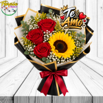 RAMO LOVE: 3 ROSAS, 1 GIRASOL Y TOPPER