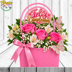 CARTERA CUMPLEAÑOS: 3 ROSAS, ASTROMELIAS Y TOPPER